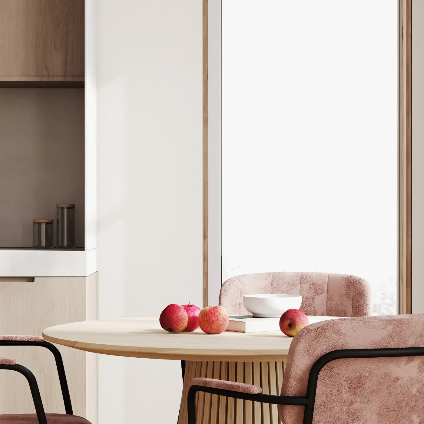 Close up in bright kitchen interior with pink chair