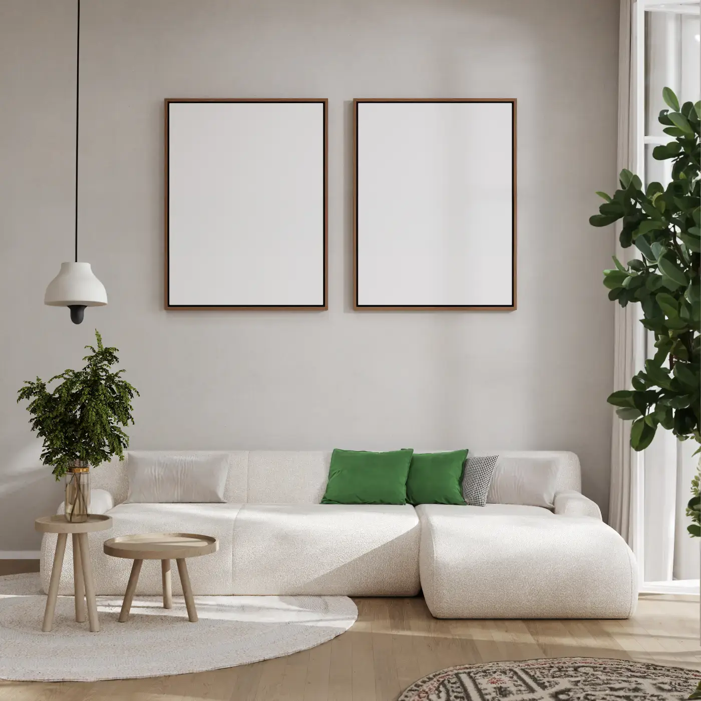 Modern interior design with empty frames and couch