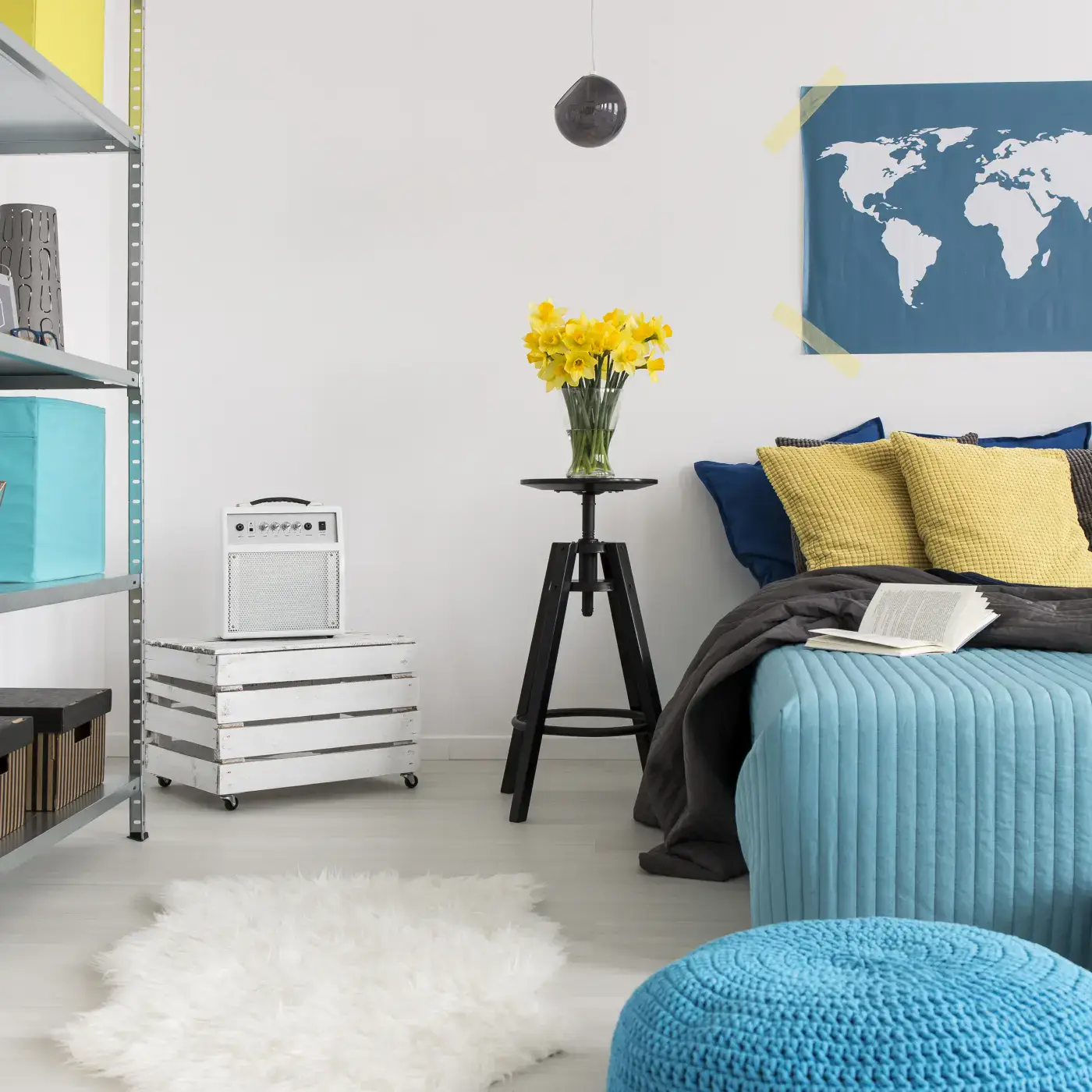 Stylish bedroom interior with bed and accent decor